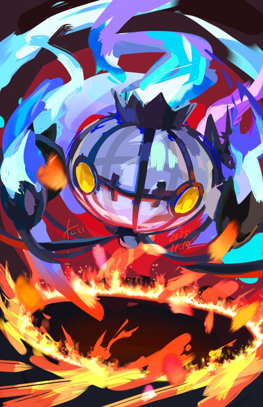 blue_fire, chandelier, chandelure, fire, gen_5_pokemon, ghost, highres, looking_at_viewer
