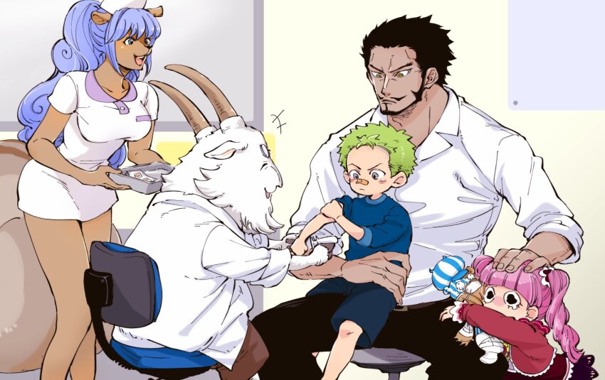 +++, 2girls, 3boys, ^_^, bandaid, bandaid_on_face, bandaid_on_nose, beard