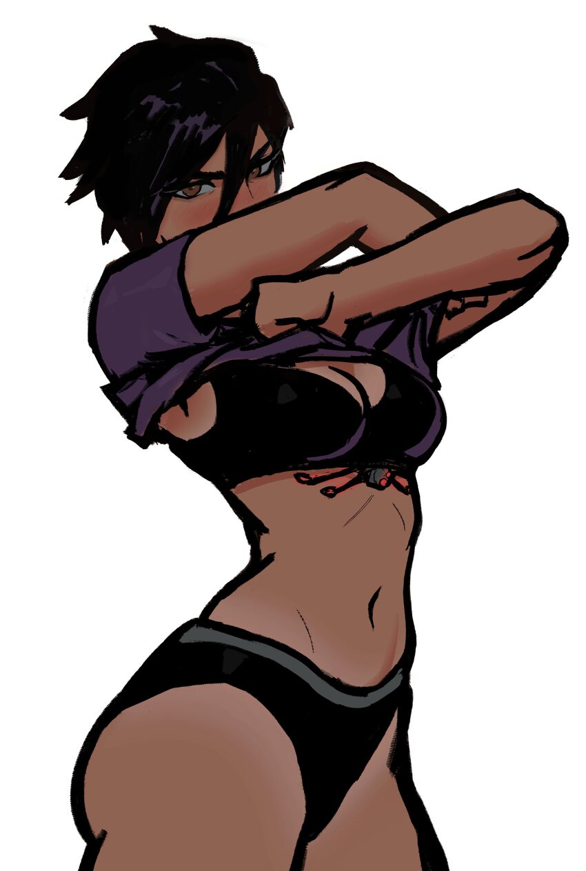 1girl, absurdres, black_bra, black_hair, black_panties, blush, bra, breasts