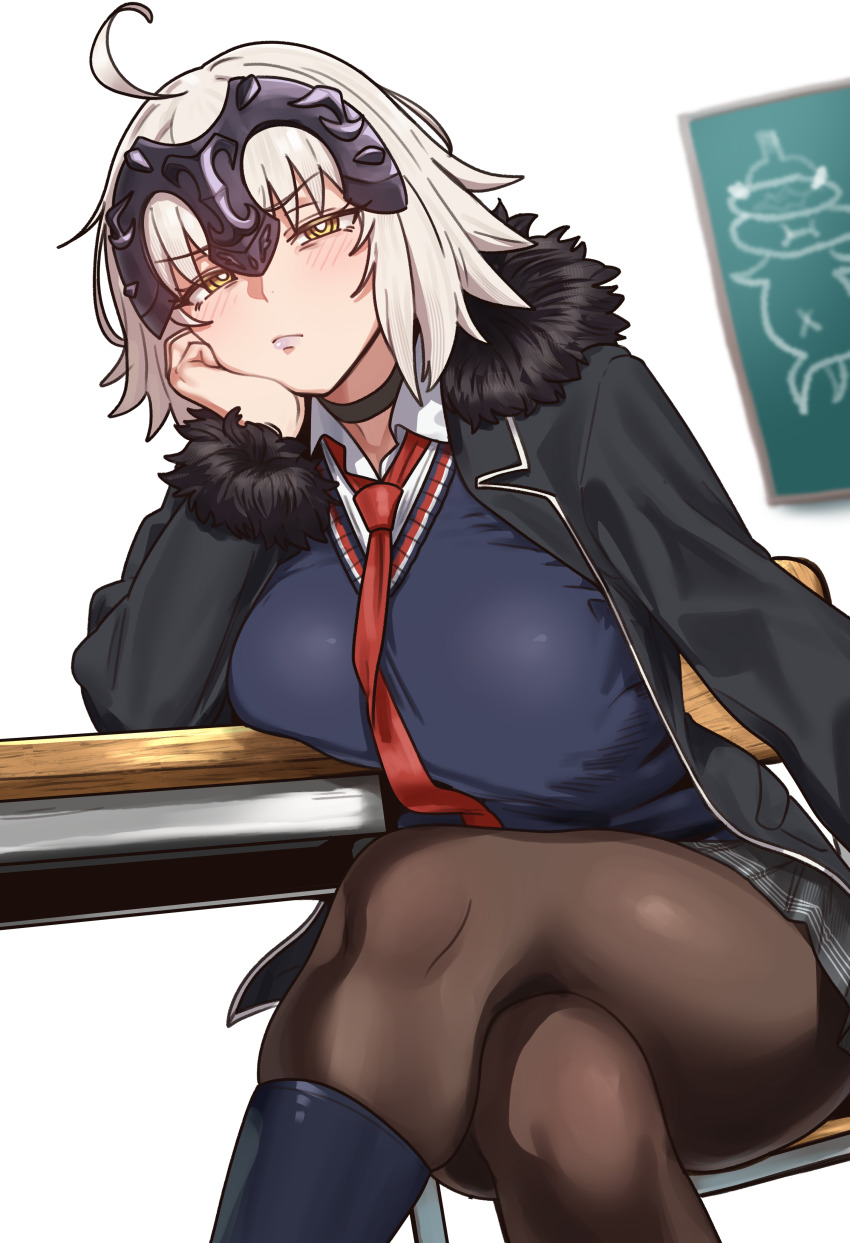 1girl, absurdres, ahoge, black_coat, black_jacket, blue_sweater, blush, breasts, chair, choker, coat, collared_shirt, crossed_legs, desk, ebora, fate/grand_order, fate_(series), fur-trimmed_jacket, fur_trim, grey_hair, grey_skirt, headpiece, highres, jacket, jeanne_d'arc_alter_(avenger)_(fate), jeanne_d'arc_alter_(fate), large_breasts, long_sleeves, looking_at_viewer, necktie, open_clothes, open_jacket, pantyhose, pseudo-tokyo_school_uniform, school_uniform, shirt, short_hair, sitting, skirt, solo, sweater, white_shirt, yellow_eyes