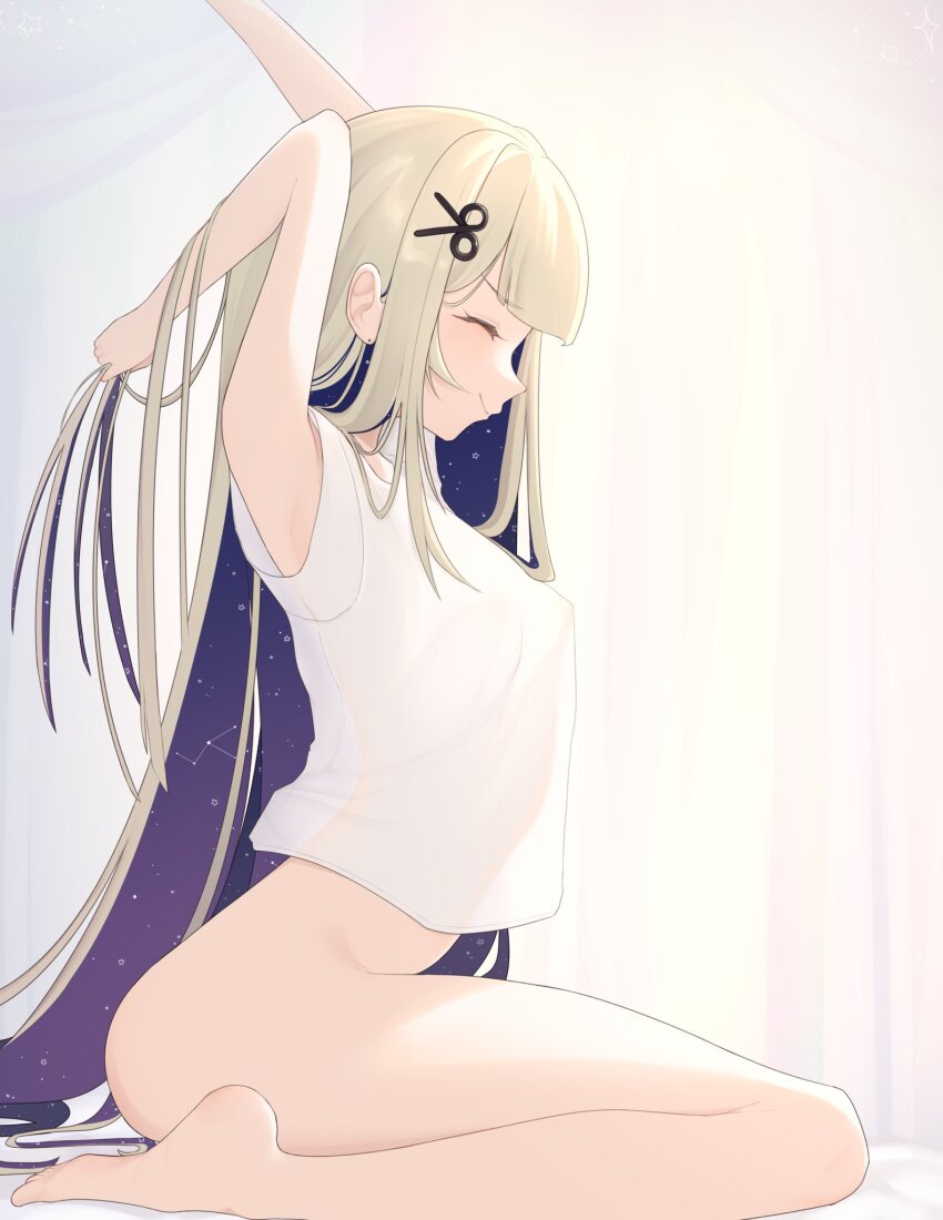 1girl, amanogawa_shiina, arms_up, ass, blonde_hair, bottomless, breasts, closed_eyes, highres, matoimiia, phase_connect, purple_hair, shirt, small_breasts, stretching, virtual_youtuber