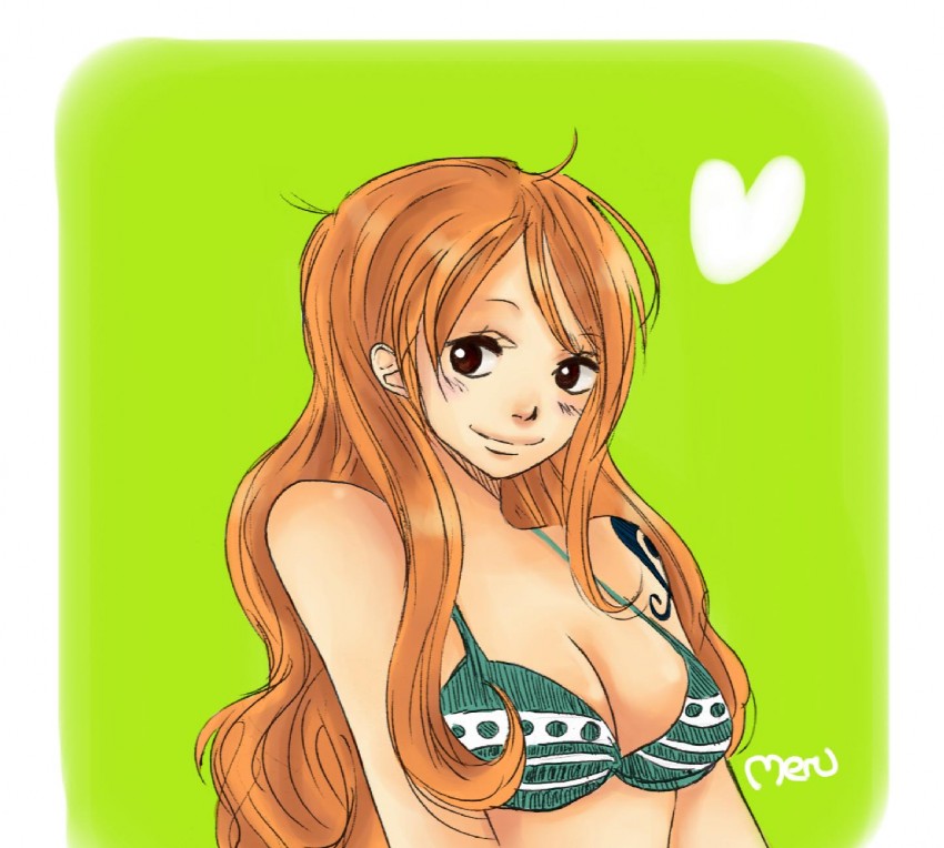 1girl, artist_name, bikini, bikini_top_only, border, breasts, brown_eyes, cleavage, closed_mouth, female_focus, gradient_border, green_background, green_bikini, long_hair, looking_at_viewer, meru90, nami_(one_piece), nami_(one_piece)_(return_to_sabaody), one_piece, orange_hair, pirate_costume, shoulder_tattoo, smile, solo, striped_bikini, striped_clothes, swimsuit, tattoo, upper_body, white_border