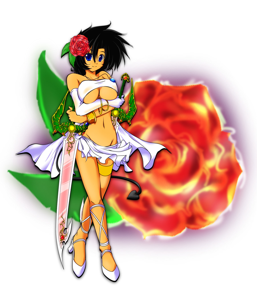 1girl, ankle_lace-up, black_hair, blue_eyes, blush, bracelet, breasts, cleavage, demon_tail, dragon_quest, dragon_quest_v, dual_wielding, elbow_gloves, flower, genderswap, genderswap_(mtf), gloves, hair_flower, hair_ornament, hero's_son_(dq5), holding, jewelry, large_breasts, navel, oushi, pendant, rose, short_hair, single_elbow_glove, single_glove, smile, sword, tail, thigh_strap, underboob, weapon