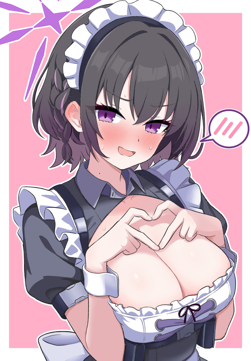 1girl, absurdres, black_dress, black_hair, blue_archive, blush, breasts, buckle, cleavage, collarbone, collared_dress, commentary_request, dress, gradient_hair, hair_between_eyes, halo, heart, heart_hands, highres, intron, large_breasts, looking_at_viewer, maid, mole, mole_on_neck, multicolored_hair, nose_blush, official_alternate_costume, open_mouth, puffy_short_sleeves, puffy_sleeves, purple_eyes, purple_hair, purple_halo, short_braid, short_hair, short_sleeves, sidelocks, snap-fit_buckle, solo, spoken_blush, standing, subaru_(blue_archive), sweat, two-tone_hair, upper_body, variant_set, white_wrist_cuffs, wrist_cuffs
