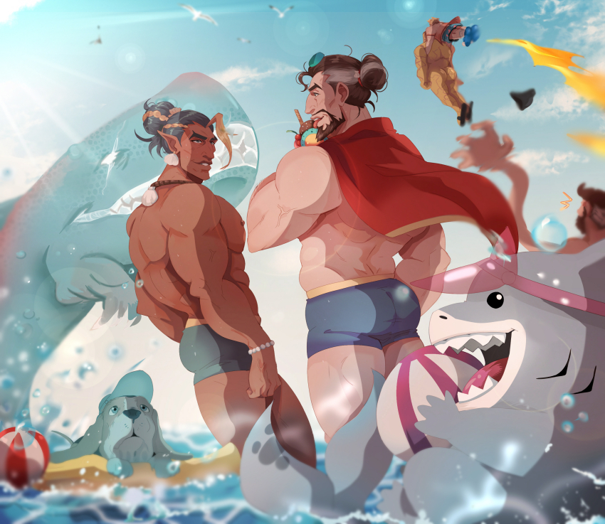 5boys, alternate_costume, aqua_hair, ass, ball, beachball, ben_grimm, black_male_swimwear