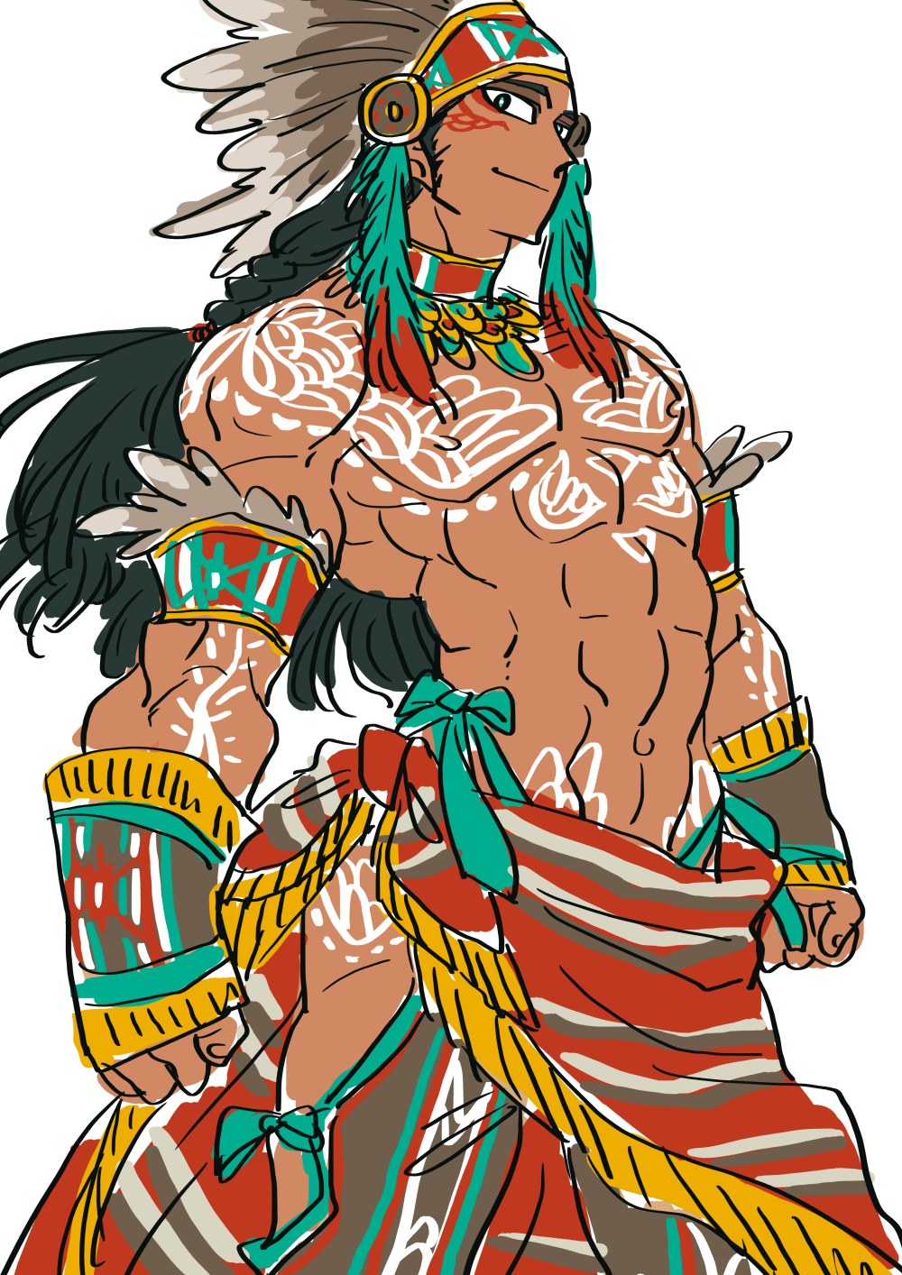1boy, black_hair, dark-skinned_male, dark_skin, headdress, highres, male_focus, muscular
