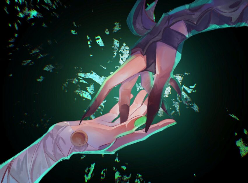 1boy, black_gloves, brown_nails, commentary, demon_days_(marvel), dual_persona, fingerless_gloves, fingernails