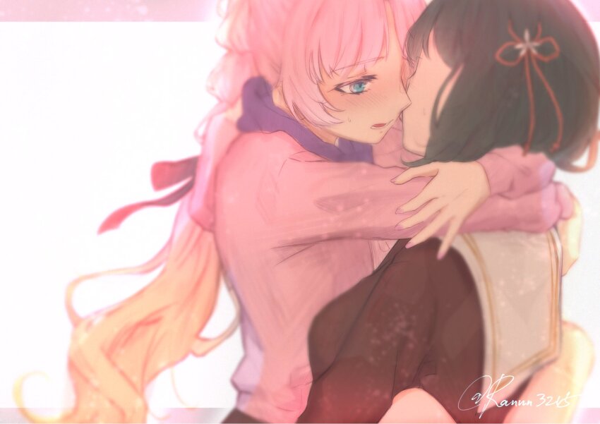 2girls, anyoji_hime, arms_around_neck, black_hair, blue_eyes, blush, brown_shirt, commentary_request, gradient_hair, hair_ribbon, highres, link!_like!_love_live!, long_hair, love_live!, momose_ginko, multicolored_hair, multiple_girls, open_mouth, pink_hair, pink_shirt, ranmaro, red_ribbon, ribbon, sailor_collar, shirt, short_hair, sweat, white_sailor_collar, yuri