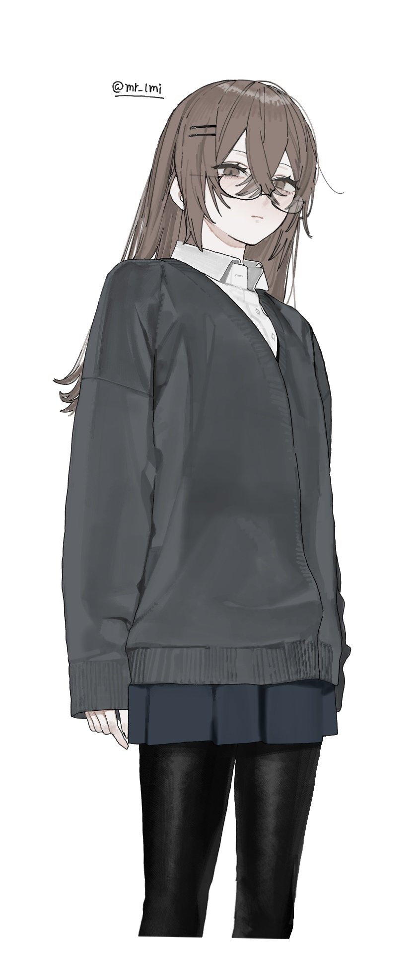 1girl, black_pantyhose, blue_skirt, brown_eyes, brown_hair, cardigan, closed_mouth, collared_shirt