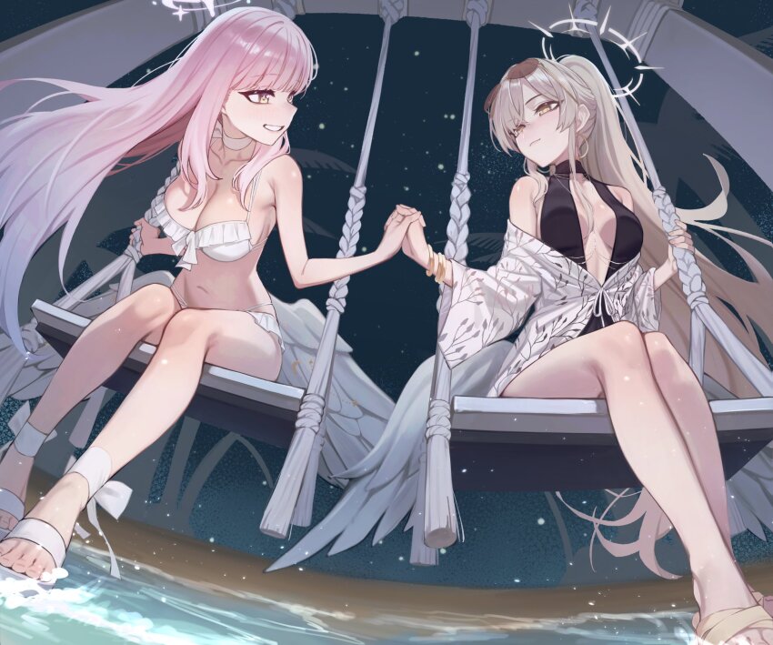 2girls, bare_shoulders, beach, bikini, black_one-piece_swimsuit, blonde_hair, blue_archive, bow