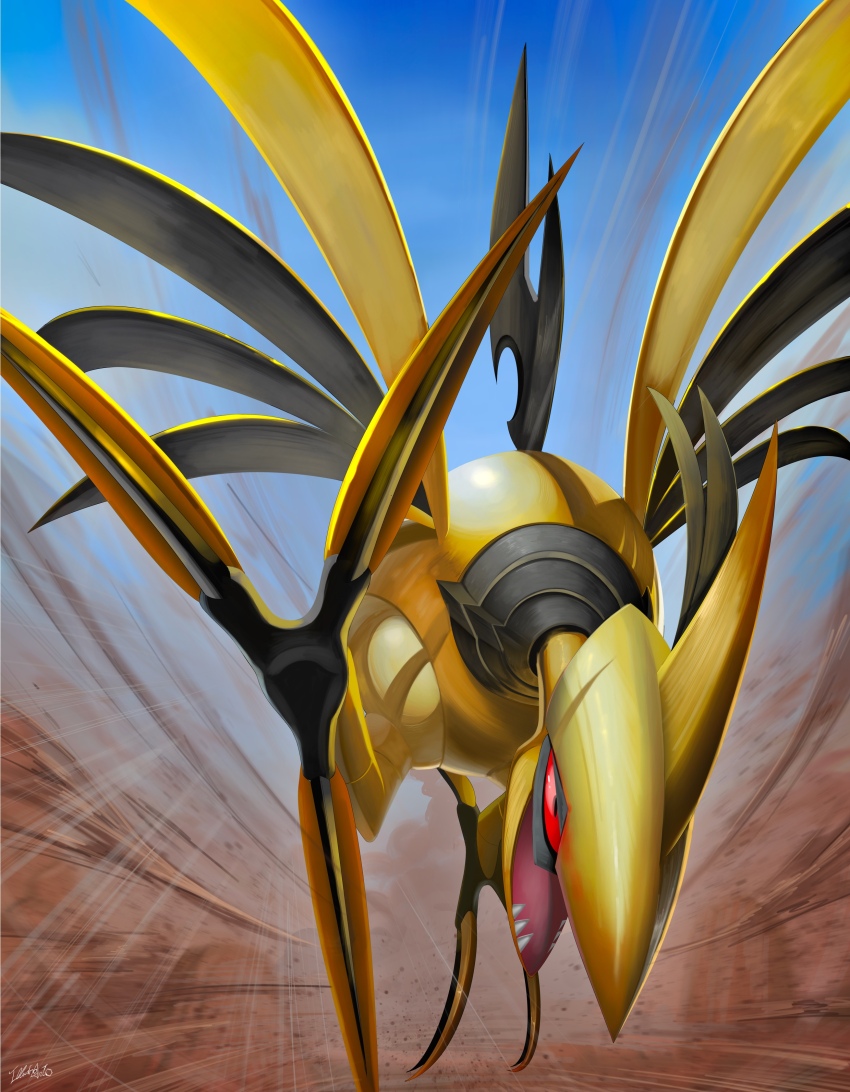 absurdres, commentary, day, emphasis_lines, fivizzaniluke, gen_2_pokemon, highres, mega_skarmory