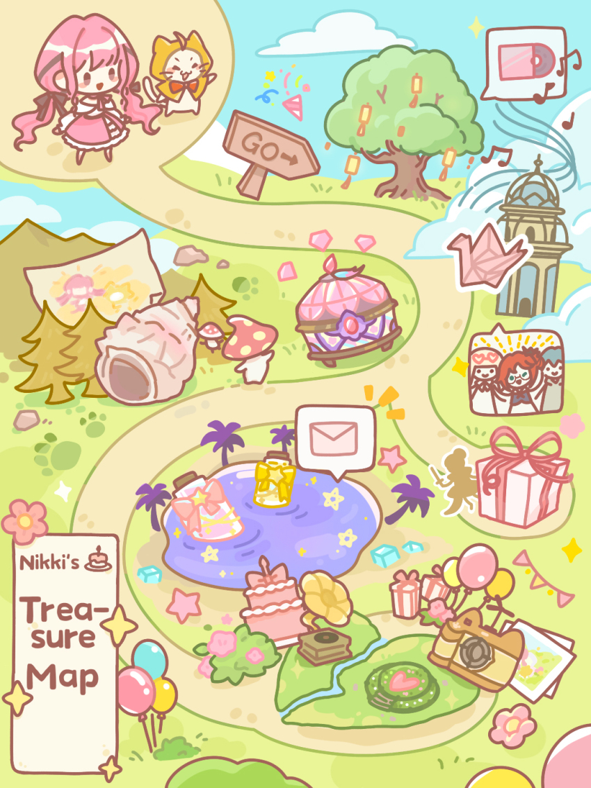 1girl, ^_^, ahoge, animal, arrow_(symbol), artist_request, balloon, bebe_(infinity_nikki)