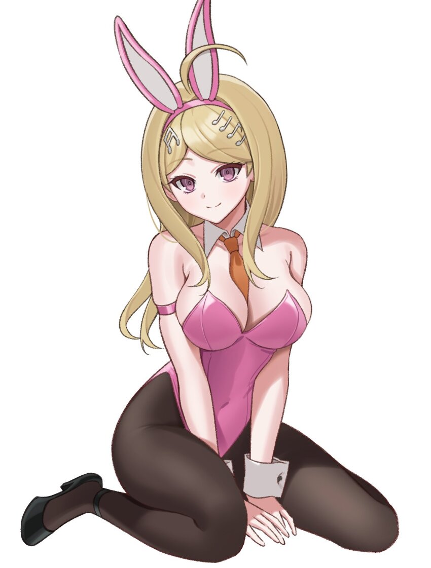 1girl, ahoge, akamatsu_kaede, animal_ears, arm_strap, bare_shoulders, between_breasts, black_pantyhose