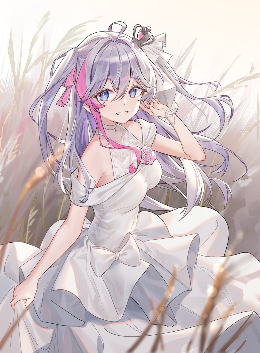 1girl, ahoge, airaila, alternate_costume, blue_eyes, breasts, crown, dress