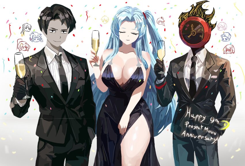 4boys, 6+girls, alcohol, angela_(project_moon), anniversary, ayin_(project_moon), bare_arms, bare_legs, bare_shoulders, binah_(project_moon), black_eyes, black_hair, blue_eyes, breasts, carmen_(project_moon), champagne, chesed_(project_moon), chibi, cigarette, cleavage, closed_eyes, collarbone, collared_shirt, confetti, dante_(limbus_company), dress, english_text, faust_(project_moon), formal_clothes, gebura_(project_moon), gloves, hairband, hand_on_own_crotch, highres, large_breasts, library_of_ruina, light_smile, limbus_company, lobotomy_corporation, long_hair, male_focus, multiple_boys, multiple_girls, nai_ga_(style), necktie, paulcamadonnas, project_moon, prosthesis, roland_(project_moon), ryoshu_(project_moon), shirt, short_hair, smile, suit, thick_thighs, thighs, white_shirt