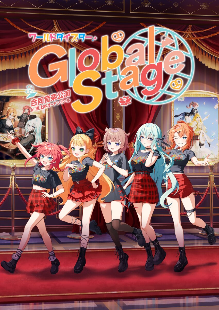 6+girls, :d, absurdres, black_bow, black_shirt, blonde_hair, blue_eyes, blue_hair