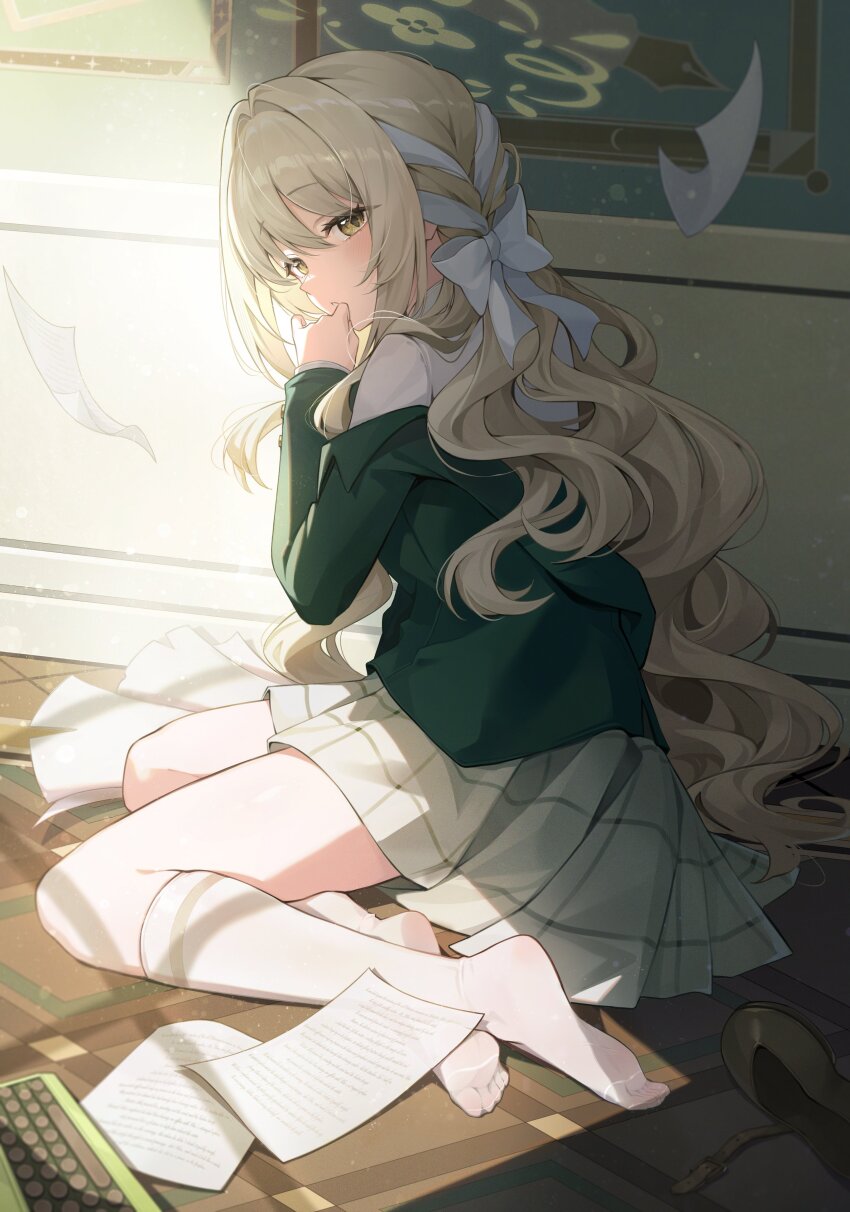 1girl, absurdres, black_jacket, blonde_hair, blue_archive, bow, brown_eyes, commentary_request