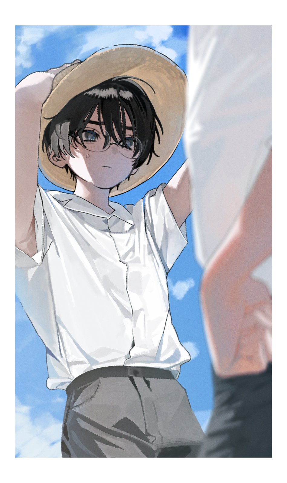 2boys, adjusting_clothes, adjusting_headwear, armpits, arms_up, black_hair, black_pants, blue_eyes