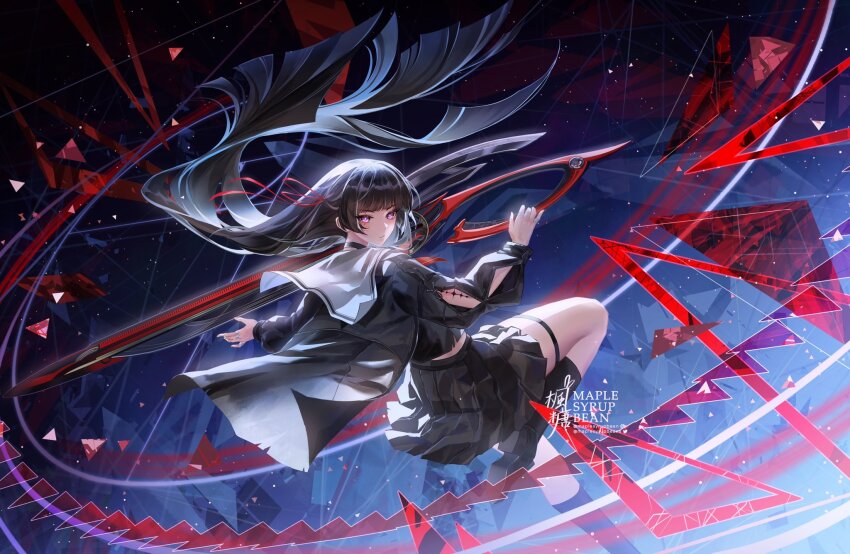 1girl, arm_cutout, black_choker, black_hair, black_jacket, black_serafuku, black_shoes, black_skirt