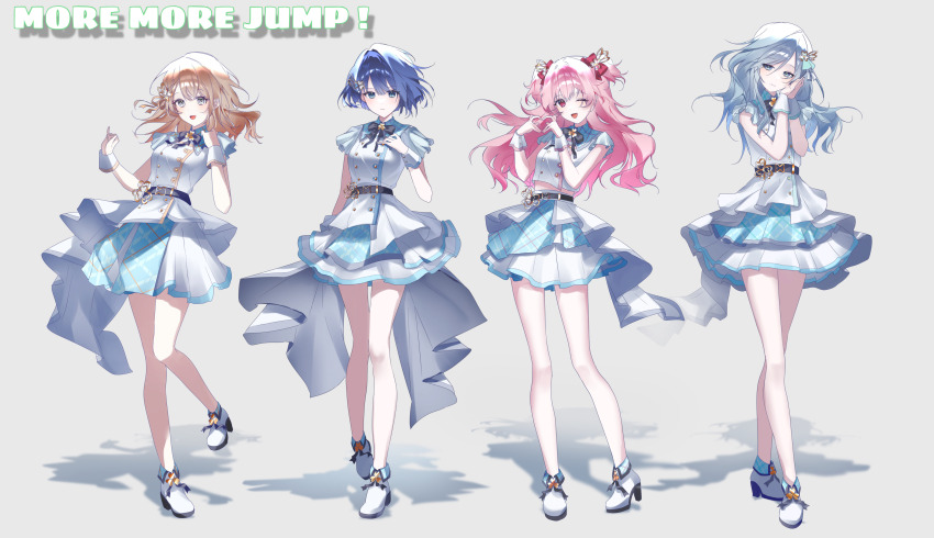 4girls, :d, ;d, absurdres, ankle_boots, arm_at_side, bare_arms, bare_legs