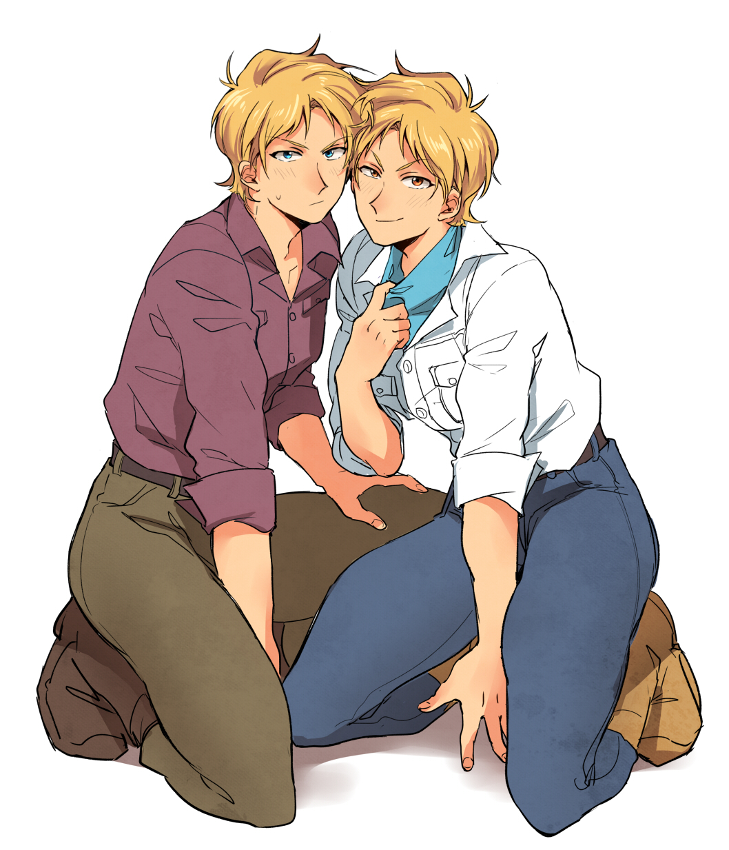 2boys, arm_between_legs, bandana, bandana_around_neck, belt, blonde_hair, blue_bandana, blue_eyes