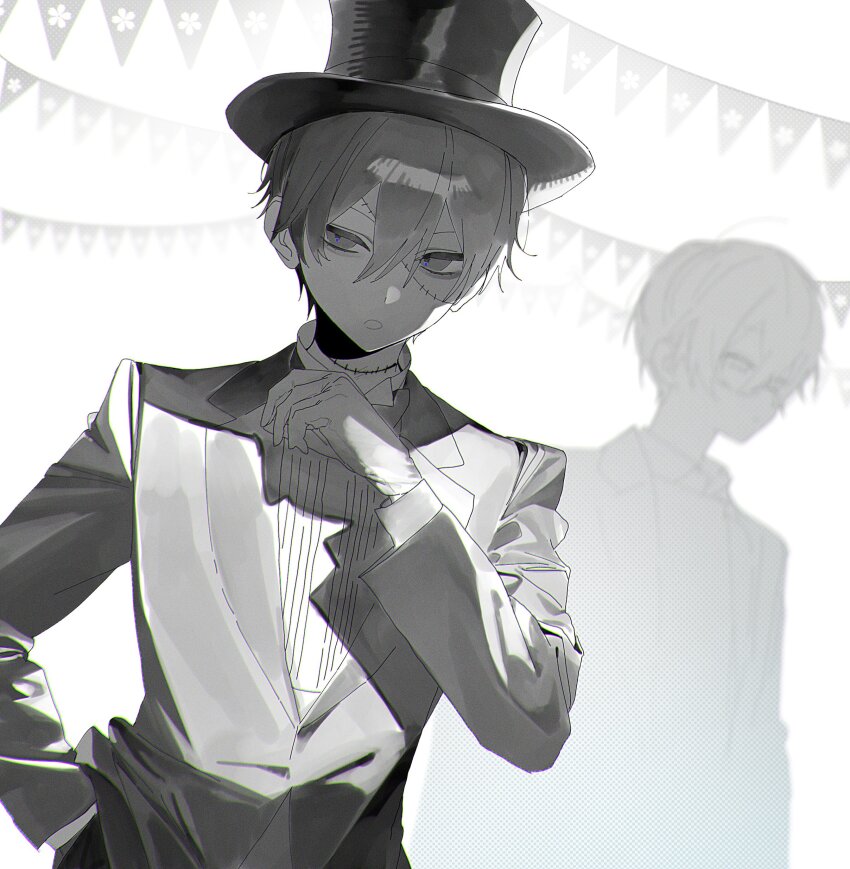 2boys, absurdres, blurry, bow, bowtie, chromatic_aberration, collared_shirt, glasses