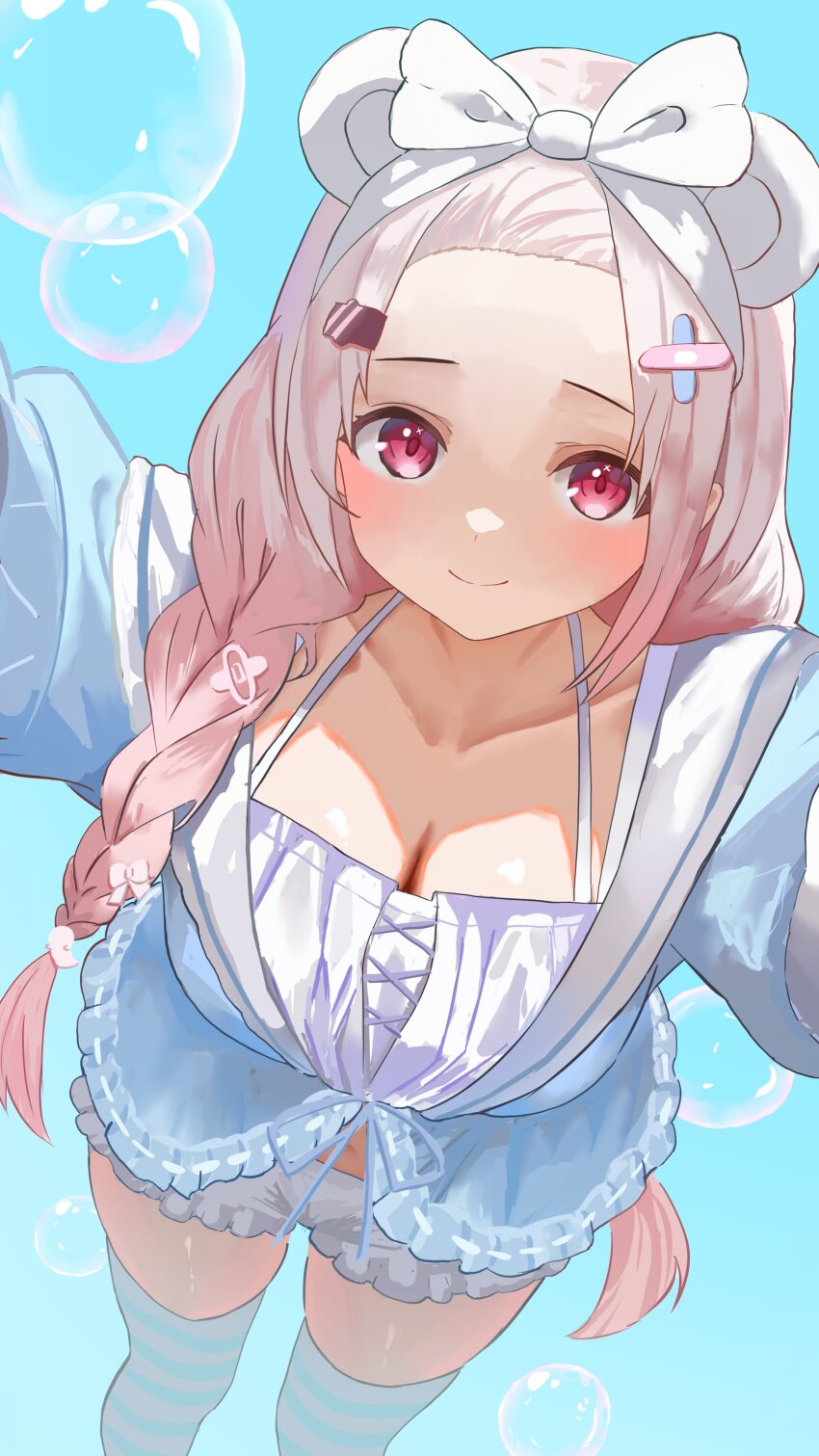 1girl, absurdres, animal_ears, bandaid, bandaid_hair_ornament, bangs_pinned_back, bear_ears, bloomers