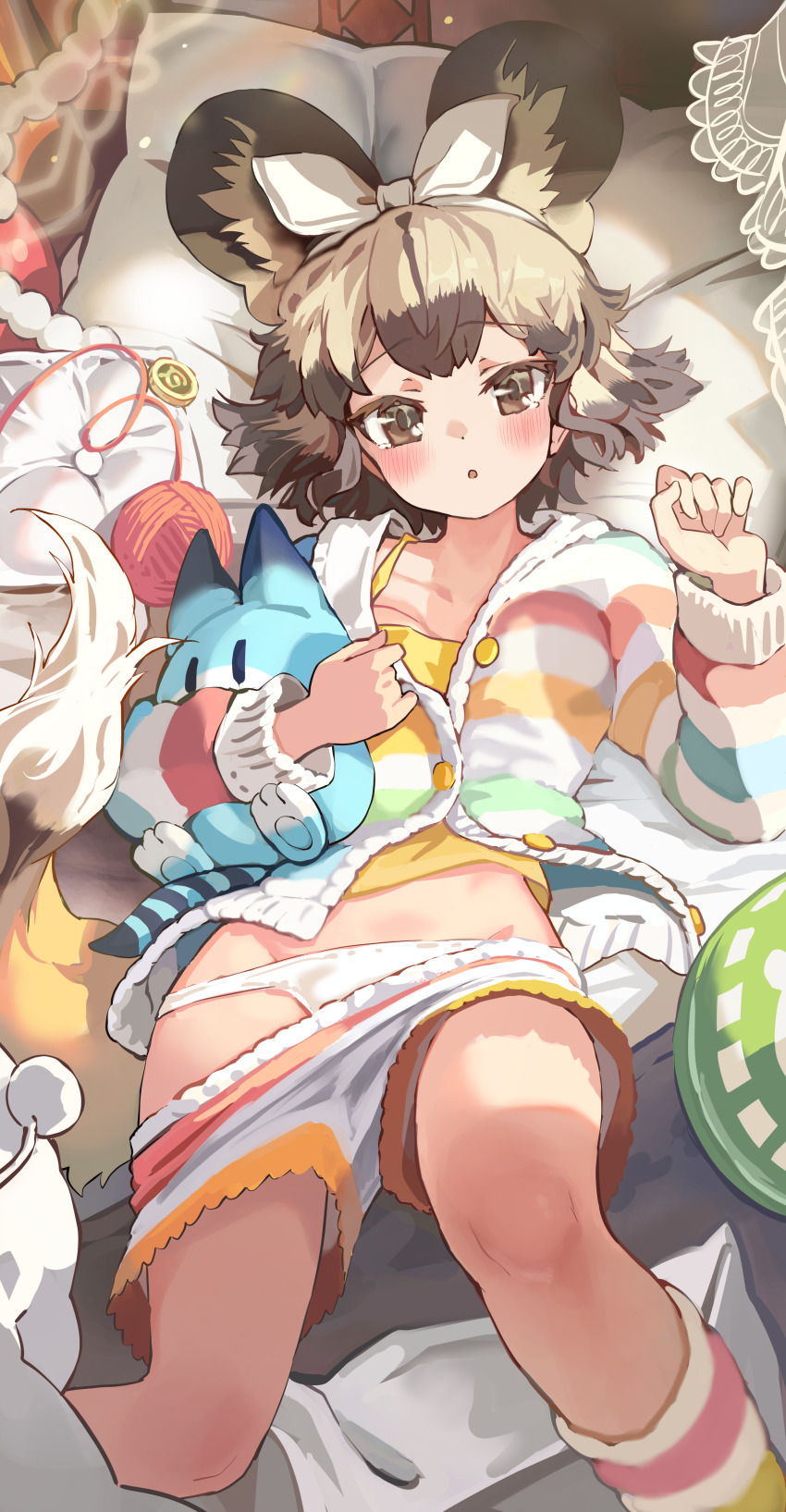 1girl, absurdres, african_wild_dog_(kemono_friends), animal_ear_fluff, animal_ears, babydoll, blonde_hair, blush