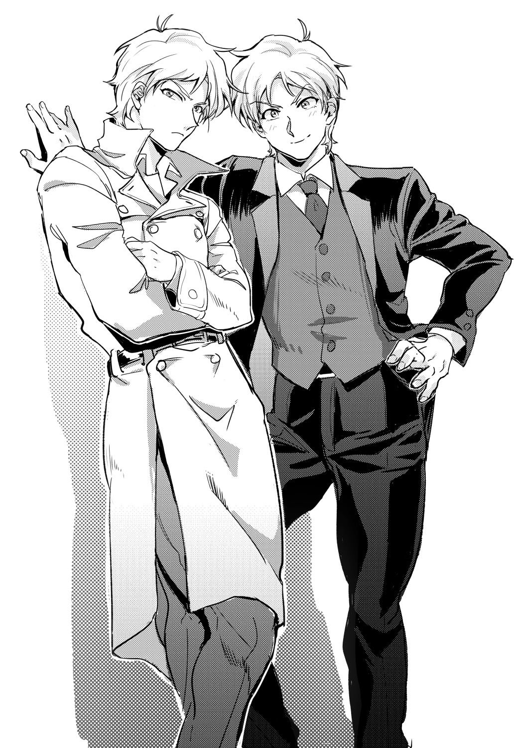 2boys, against_wall, belt, blush, casval_rem_deikun, char_aznable, char_aznable_(real), closed_mouth, coat, collared_shirt, frown, greyscale, gundam, hand_on_own_hip, hand_on_wall, highres, kade_punch, lapels, long_sleeves, looking_at_viewer, male_focus, mobile_suit_gundam_the_origin, monochrome, multiple_boys, necktie, notched_lapels, open_clothes, open_coat, pants, shirt, short_hair, simple_background, smile, standing, vest, wing_collar