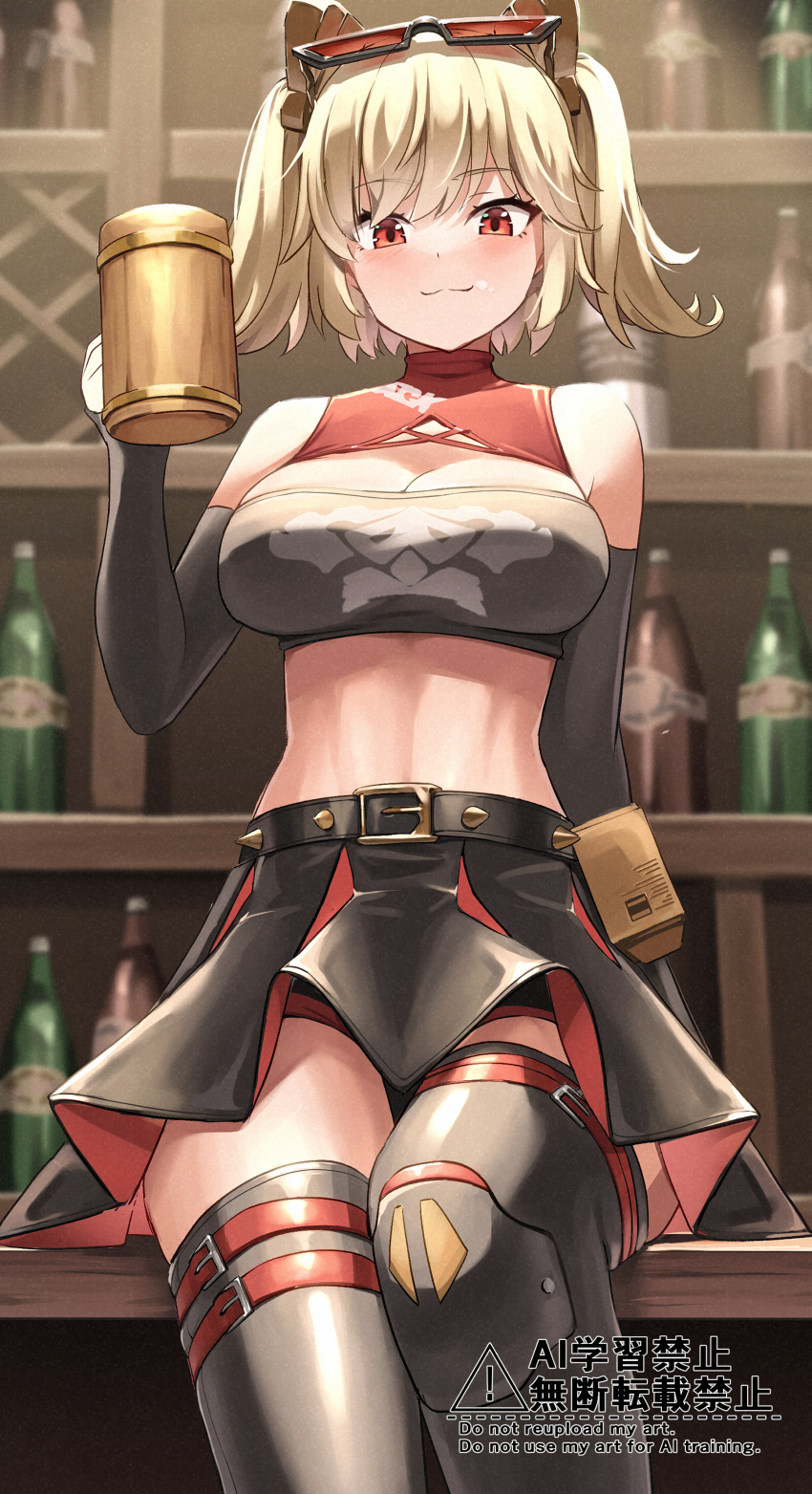 1girl, :3, absurdres, bar_(place), bare_shoulders, belt, black_skirt, black_sleeves