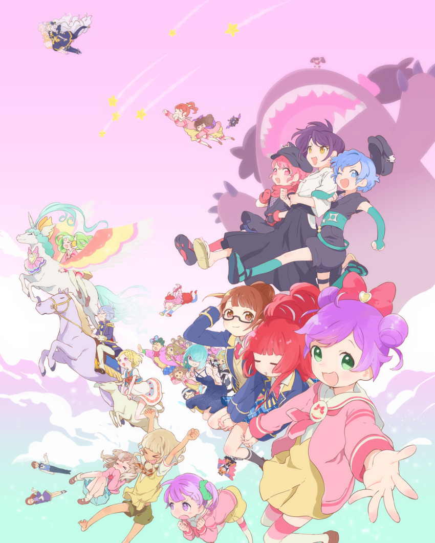 2boys, 6+girls, akai_meganee, akai_meganii, black-framed_eyewear, black_hat, blazer, blonde_hair