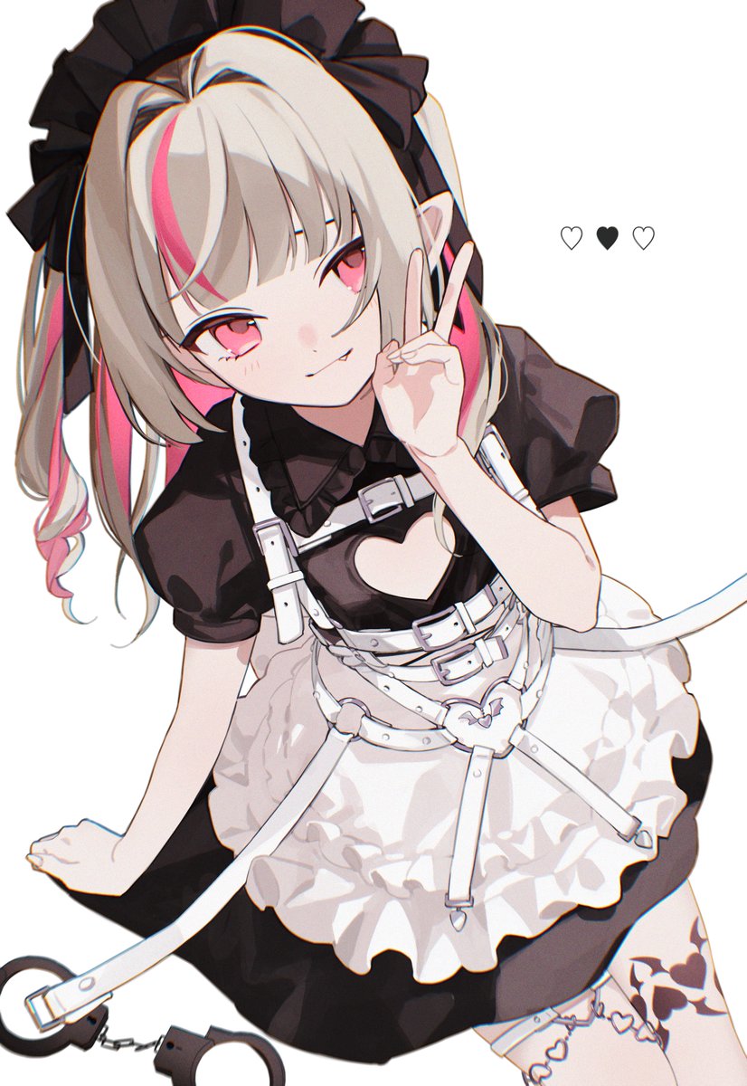 1girl, apron, black_dress, brown_hair, buckle, chest_harness, cleavage_cutout, clothing_cutout