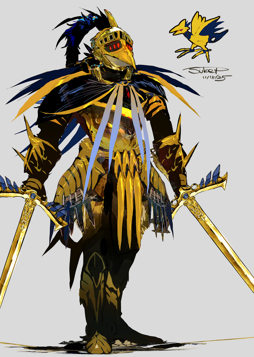 absurdres, armor, dated, dual_wielding, gen_2_pokemon, grey_background, helmet, highres, holding, mega_skarmory, nintendo, personification, pokemon, pokemon_(creature), reference_inset, reflection, signature, skarmory, sukepmonster, sword, weapon