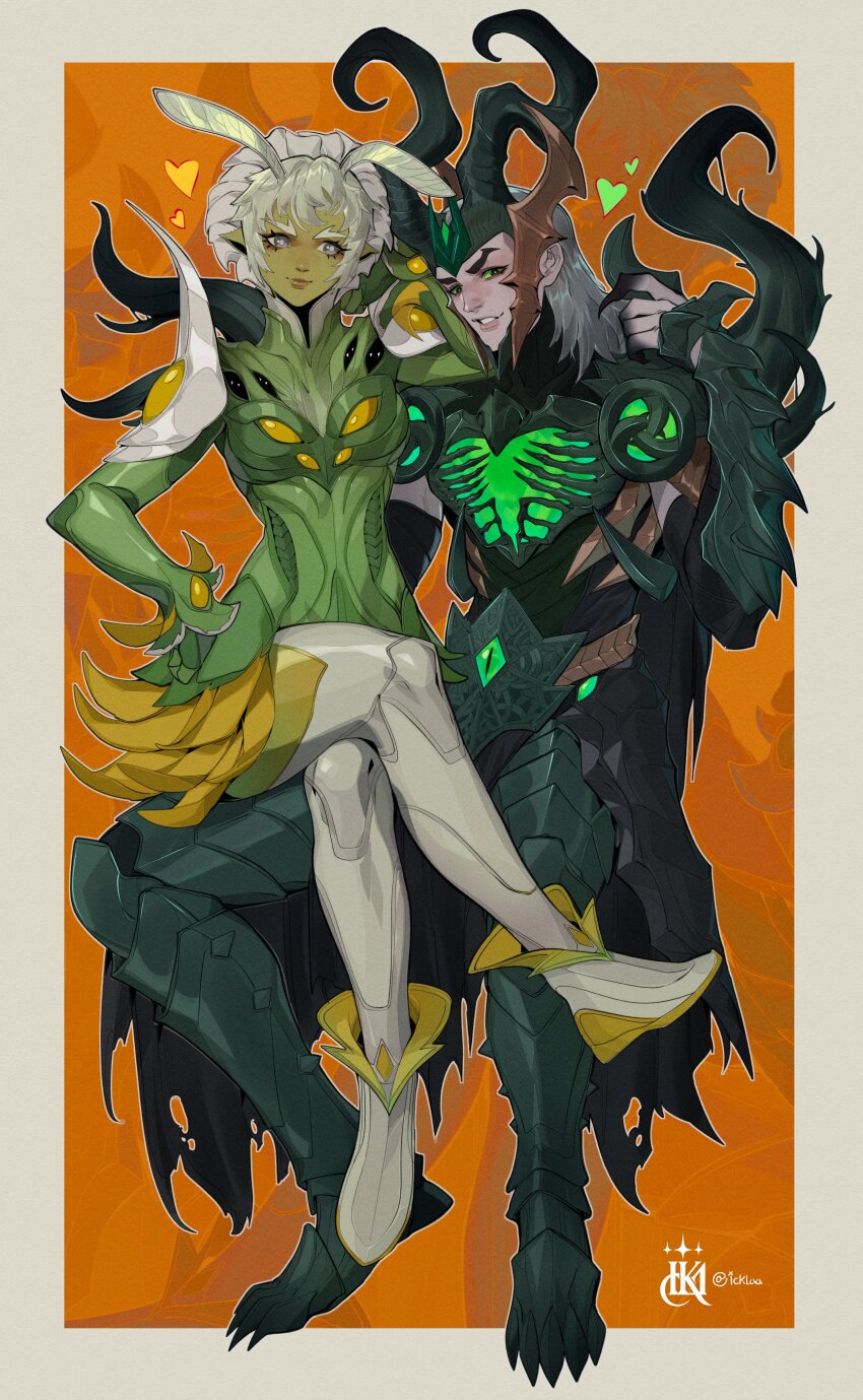 1boy, 1girl, absurdres, alien, antennae, armor, black_cape, black_eyes