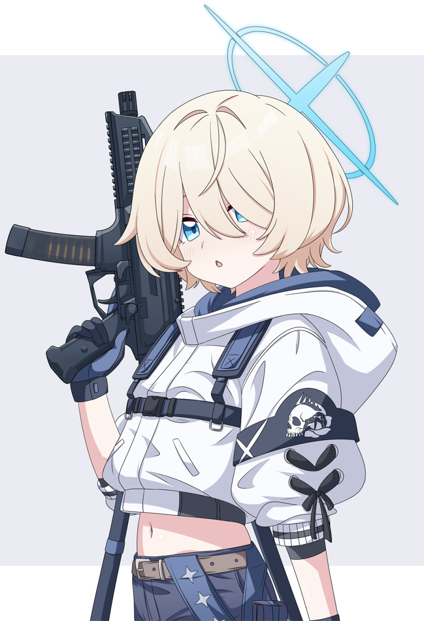 1girl, arius_student_(blue_archive), armband, belt, black_armband, blonde_hair, blue_archive, blue_gloves