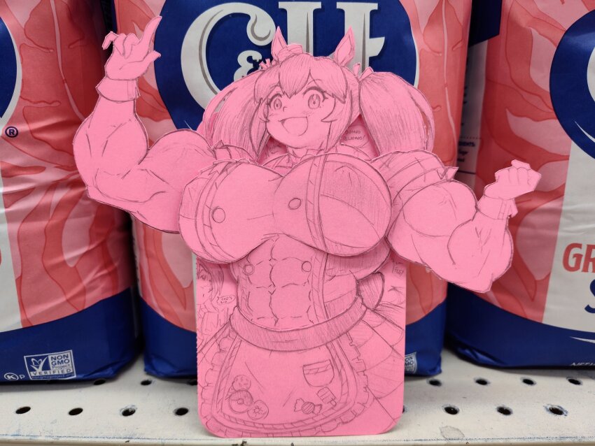 1girl, :d, abs, alternate_muscle_size, animal_ears, apron, biceps, blush