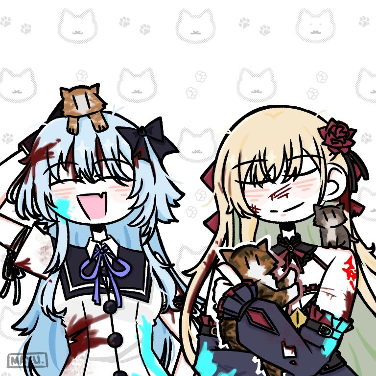 2girls, :d, ^_^, animal, animal_background, animal_on_head, animal_on_shoulder, arm_at_side