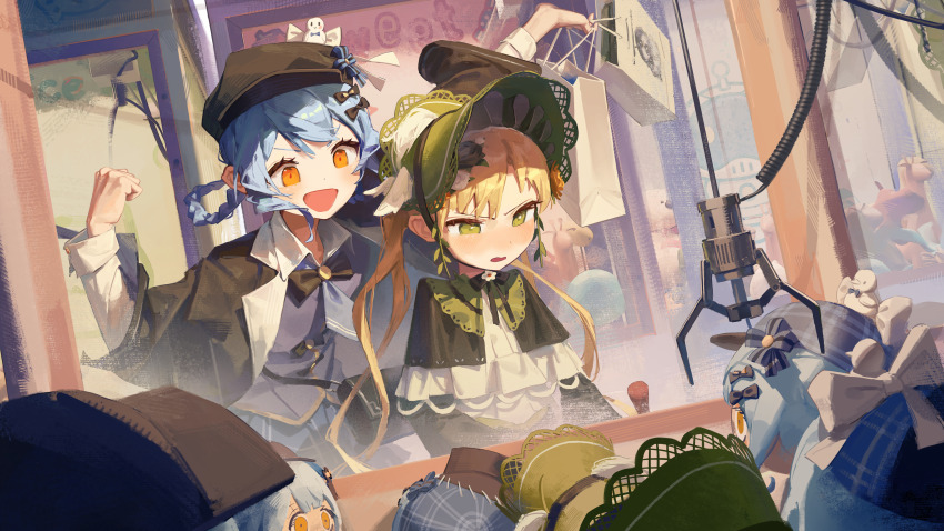 2girls, absurdres, arm_up, bag, bird_hat_ornament, black_bag, black_bow, black_bowtie