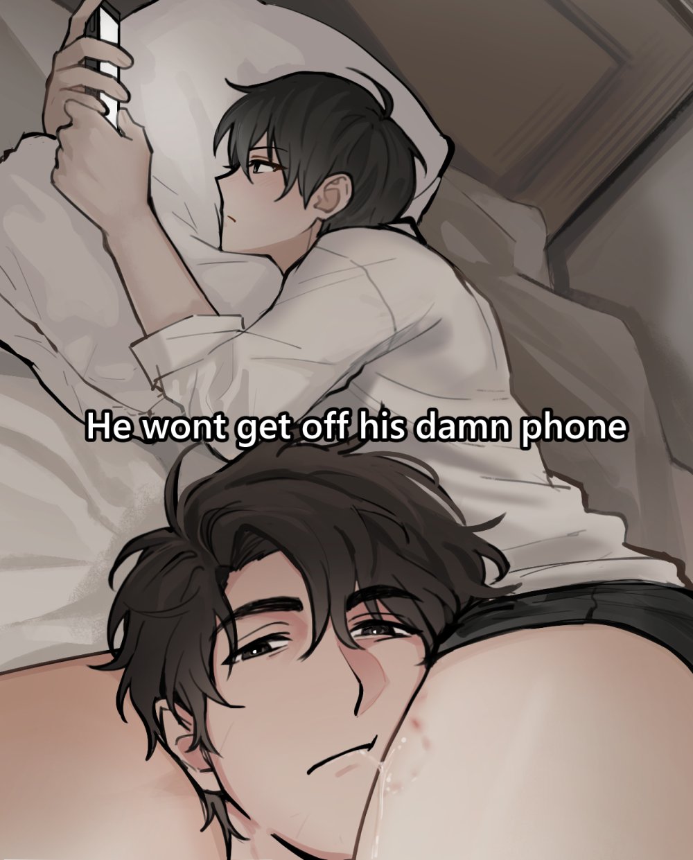 2boys, :/, bite_mark, bite_mark_on_thigh, black_eyes, black_hair, black_male_underwear, collared_shirt, feet_out_of_frame, hashtag-only_commentary, head_between_thighs, highres, holding, holding_phone, hugging_object, kim_dokja, looking_at_phone, looking_at_viewer, male_focus, male_underwear, multiple_boys, omniscient_reader's_viewpoint, phone, pillow, pillow_hug, pov, saliva, shirt, short_hair, taotaille, underwear, white_shirt, yaoi, yoo_joonghyuk