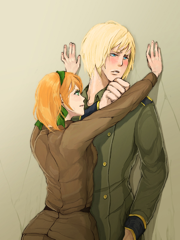 1boy, 1girl, against_wall, axis_powers_hetalia, belgium_(hetalia), blonde_hair, blue_eyes, blush, couple, flirting, green_eyes, hair_ribbon, hetero, kabedon, kalma, kalma_blaf, military, military_uniform, ribbon, short_hair, switzerland_(hetalia)