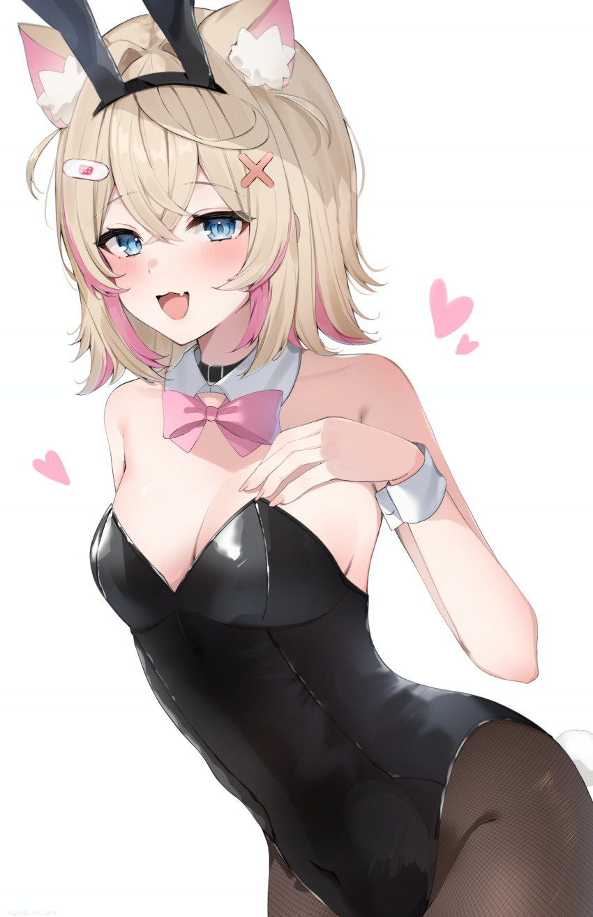 1girl, :d, absurdres, animal_ear_hairband, animal_ears, bare_shoulders, black_collar, black_leotard, blonde_hair, blue_eyes, bow, bowtie, breasts, cleavage, collar, commentary, covered_navel, crossed_bangs, detached_collar, dog_ears, dog_girl, double-parted_bangs, english_commentary, fake_animal_ears, fang, fishnet_pantyhose, fishnets, hair_between_eyes, hair_intakes, hair_ornament, hairband, hairclip, hand_on_own_chest, hand_up, heart, highleg, highleg_leotard, highres, hololive, hololive_english, leotard, looking_at_viewer, mococo_abyssgard, multicolored_hair, nanase_nayumu, open_mouth, pantyhose, pink_bow, pink_bowtie, pink_hair, rabbit_ear_hairband, rabbit_ears, short_hair, simple_background, skin_fang, small_breasts, smile, solo, strapless, strapless_leotard, streaked_hair, two_side_up, virtual_youtuber, white_background, wrist_cuffs, x_hair_ornament