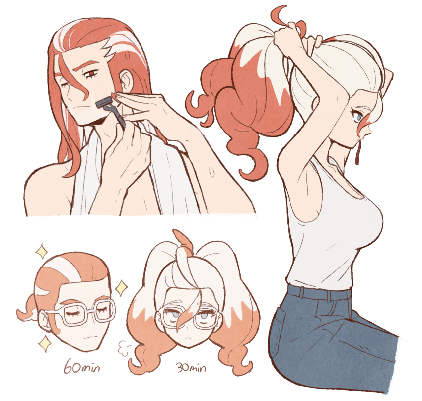 1boy, 1girl, absurdres, blue_eyes, denim, glasses, grey_hair, griselle_(pokemon)