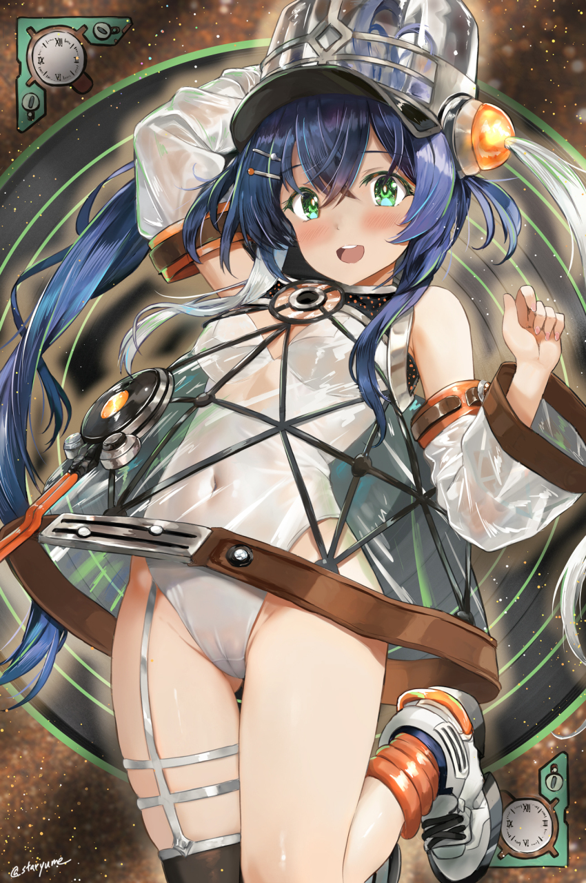 1girl, arm_up, black_thighhighs, blue_hair, blush, bra, breasts, clock, detached_sleeves, dress, duel_monster, garter_straps, green_eyes, hair_between_eyes, hat, highres, kewl_tune_cue, leotard, long_sleeves, looking_at_viewer, medium_breasts, open_mouth, roman_numeral, see-through_clothes, see-through_dress, see-through_sleeves, shoes, single_thighhigh, smile, solo, staryume, thighhighs, underwear, white_bra, white_leotard, white_shoes, yu-gi-oh!