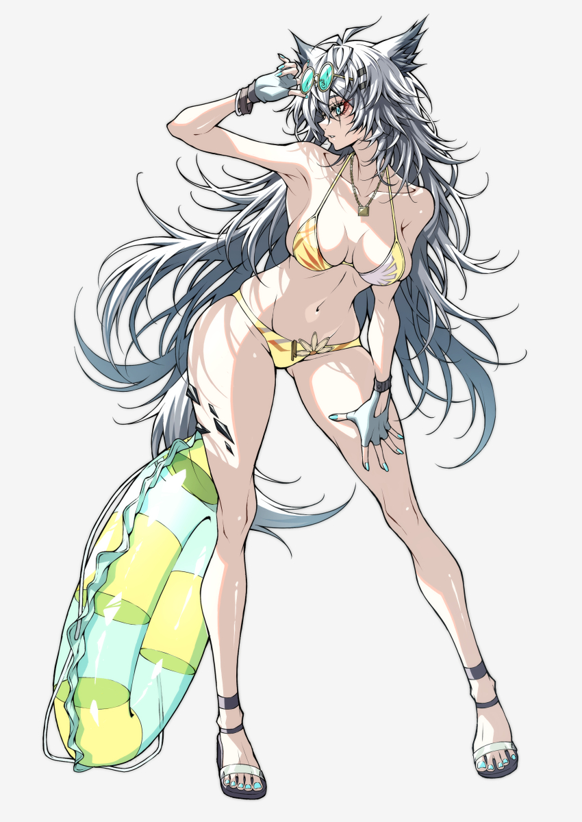 1girl, absurdres, animal_ears, arknights, blue-tinted_eyewear, blue_eyes, blue_nails, breasts