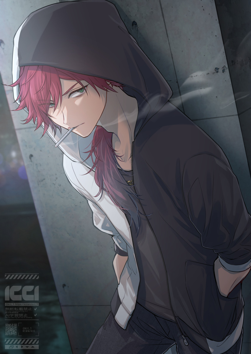 1boy, absurdres, alternate_costume, black_jacket, black_pants, black_shirt, cigarette, closed_mouth