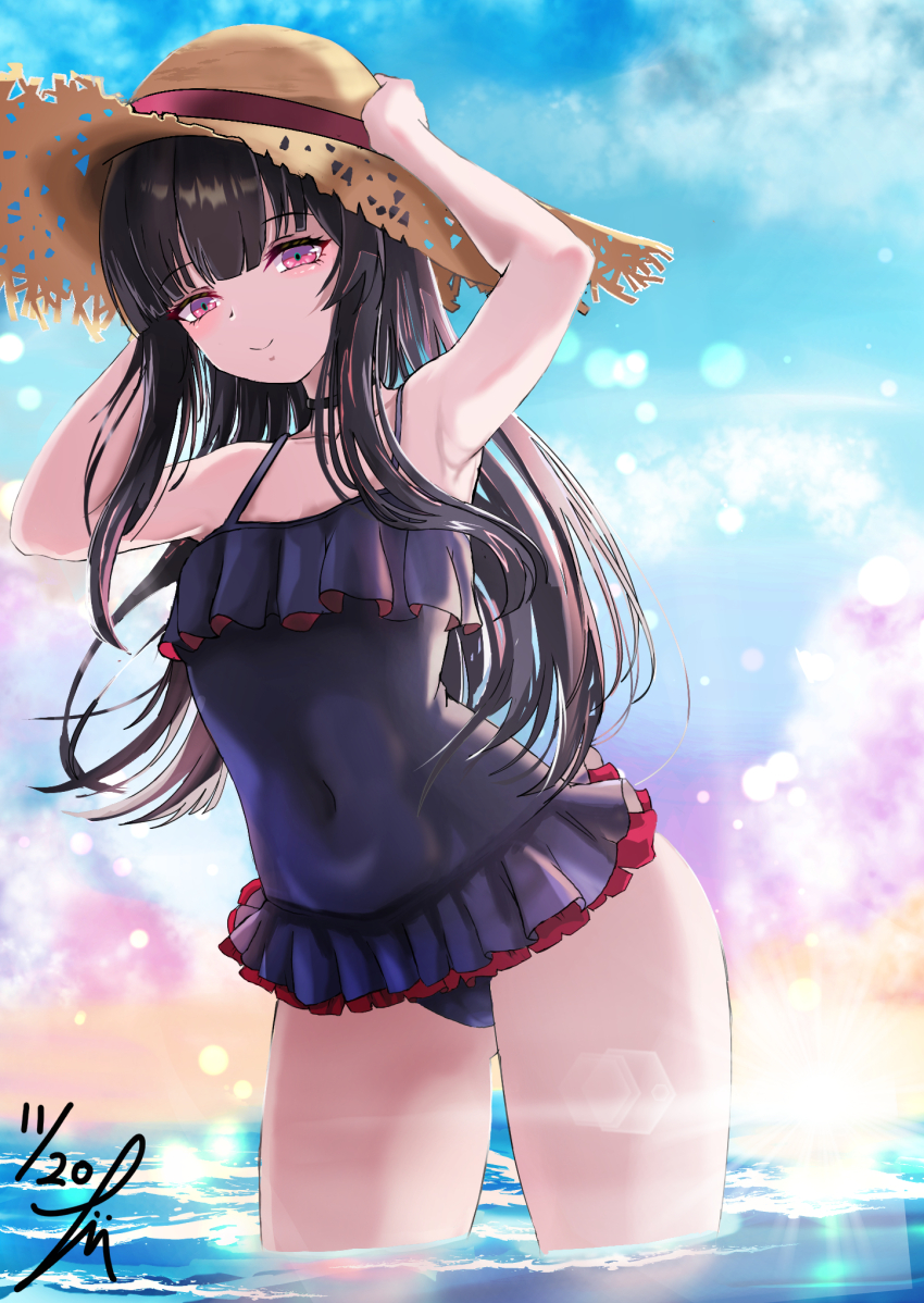 black_hair, black_one-piece_swimsuit, blue_sky, blunt_bangs, braid, brown_hat, casual_one-piece_swimsuit, cloud