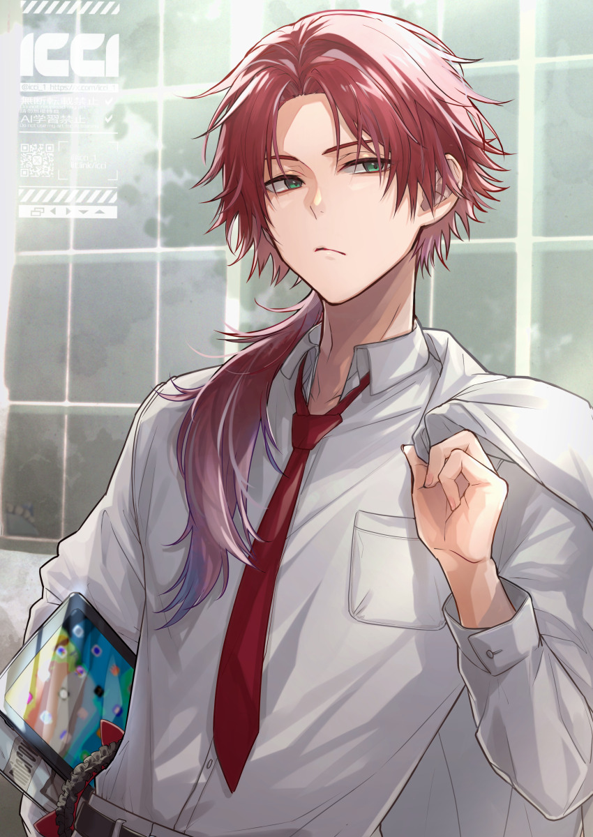 1boy, absurdres, alternate_costume, closed_mouth, green_eyes, highres, holding, holding_jacket