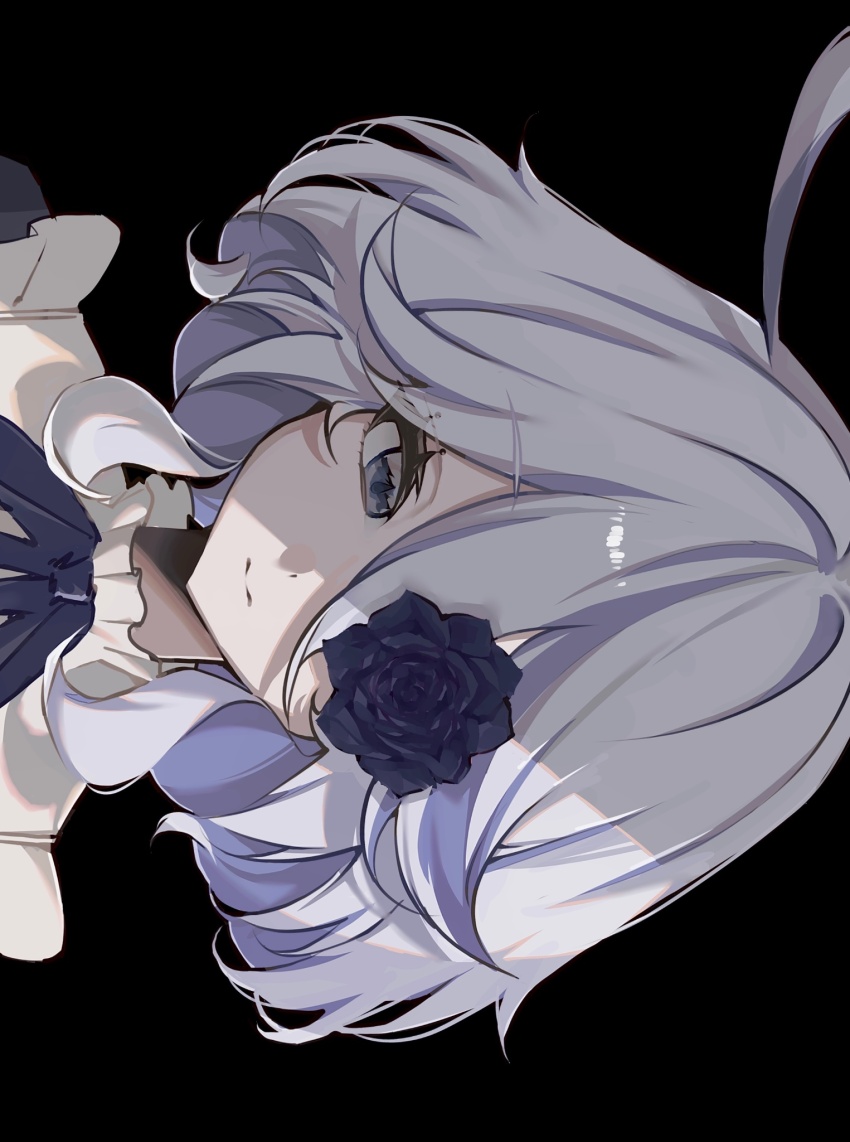 1girl, ahoge, alternate_costume, black_background, blue_eyes, blue_flower, blue_rose, collar