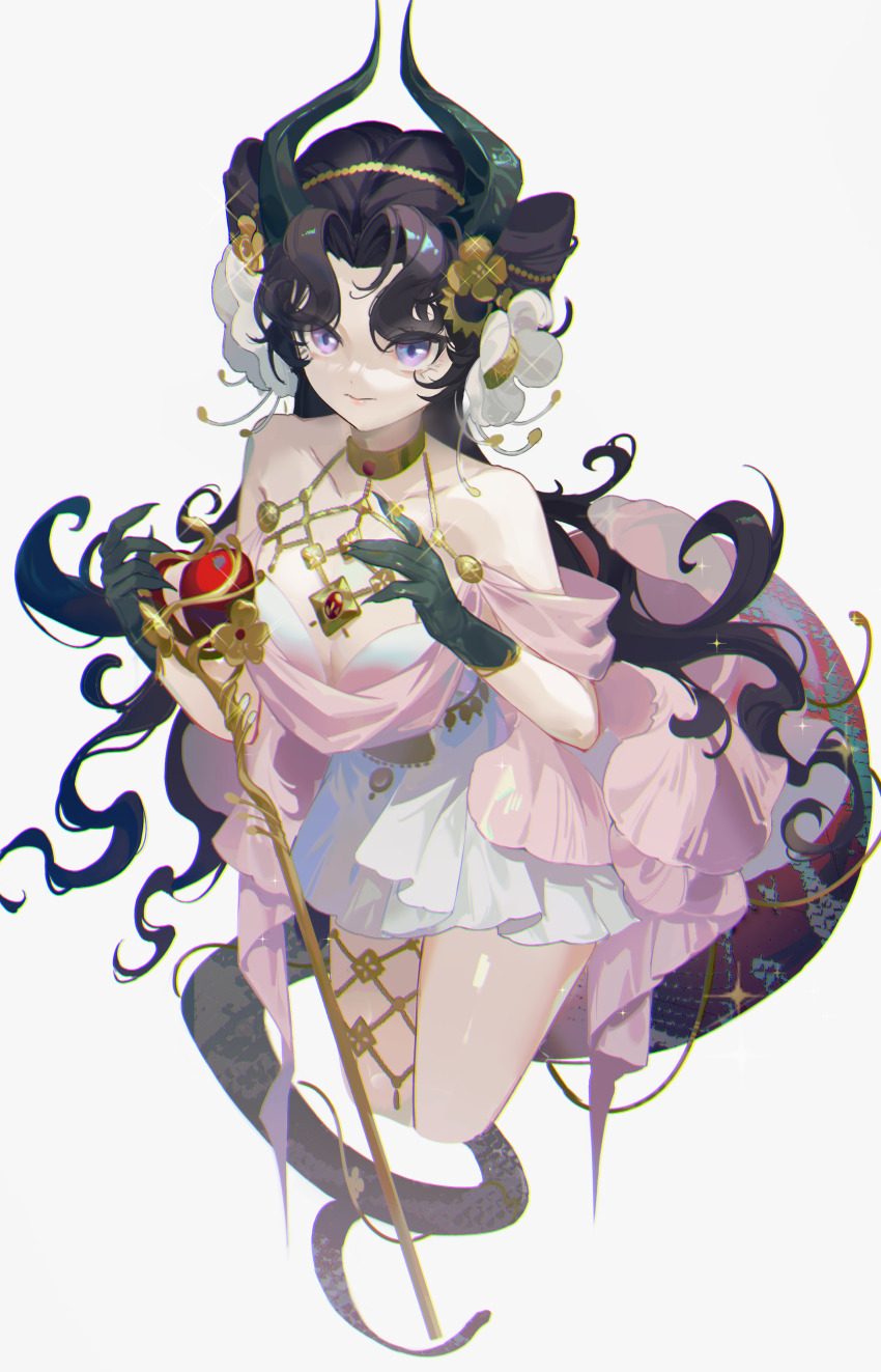 1girl, absurdres, anjo_nala, anjo_nala_(forbidden_fruit), apple, black_hair, black_horns, breasts