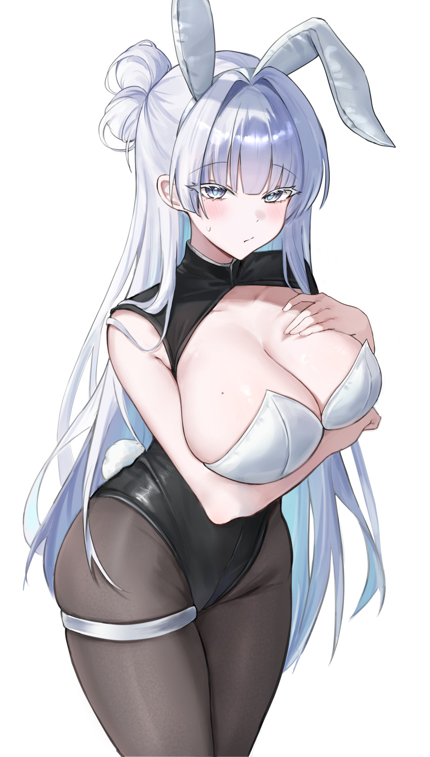 1girl, 808_0, absurdres, alternate_costume, animal_ears, black_leotard, colored_eyelashes, fake_animal_ears, goddess_of_victory:_nikke, highres, leotard, nayuta_(nikke), pantyhose, playboy_bunny, rabbit_ears, simple_background, solo, thick_eyelashes, unusually_open_eyes, white_background, white_eyelashes